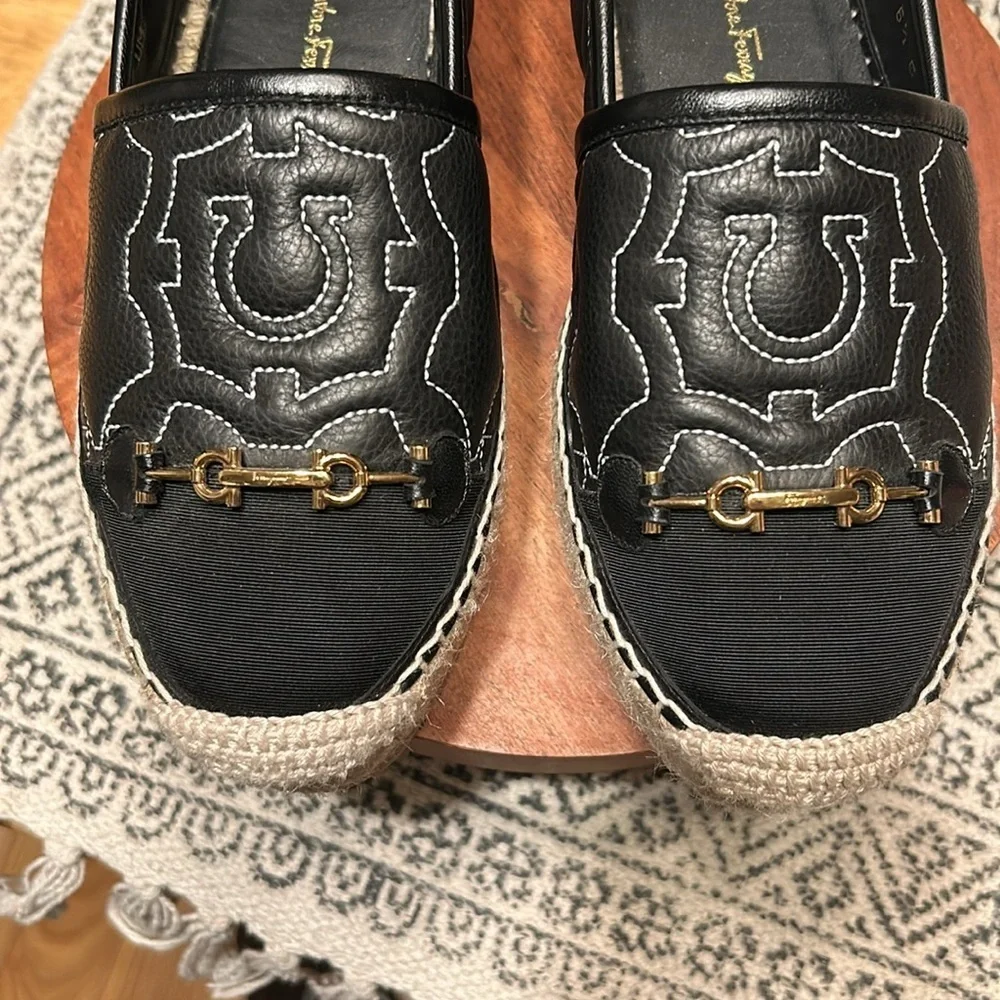 Salvador Ferragamo leather Kim Gal  Gancini Logo-Embroidered Espadrilles 6.5